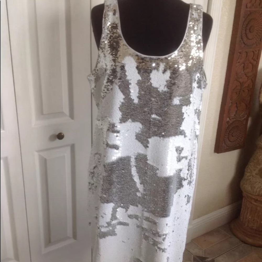 Vince Camuto white silver sequin dress